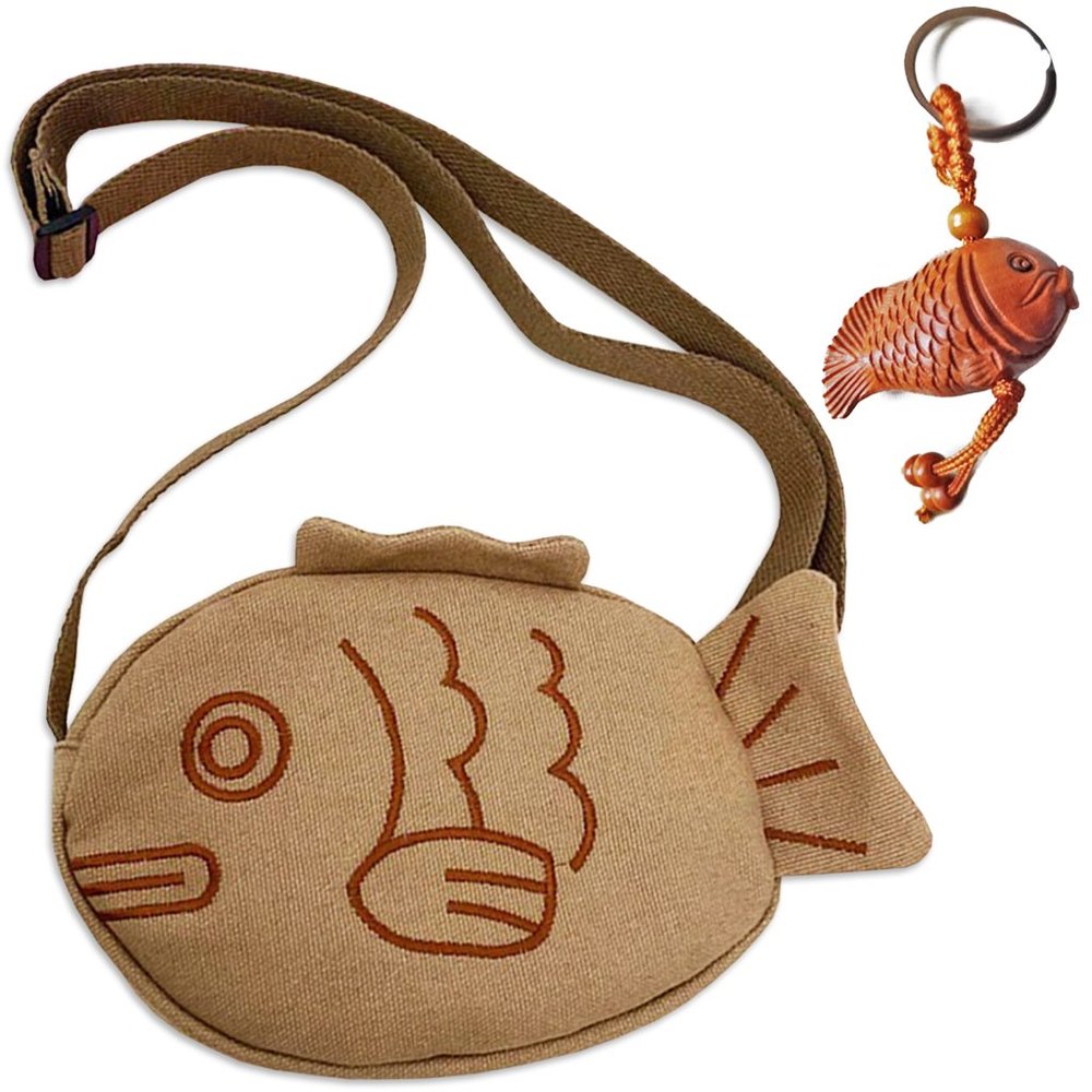 Girl's Japanese Style Embroidered Canvas Crossbody Bag with Wooden Fish Keychain